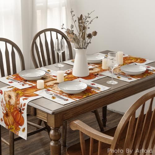 Pumpkin Leaves Fall Placemat Set of 4 - 12 x 18 Inch Rectangular Orange