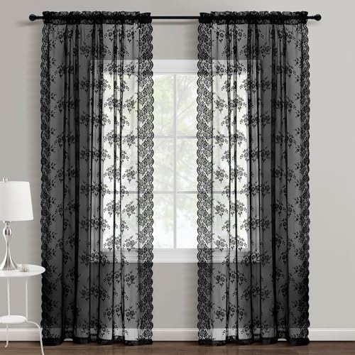 Black Lace Curtains 52x102 Inches - 2 Panels, Gothic Floral Sheer Window Treatment - Variation of THIS listing: Black / 52"W x 102"L
