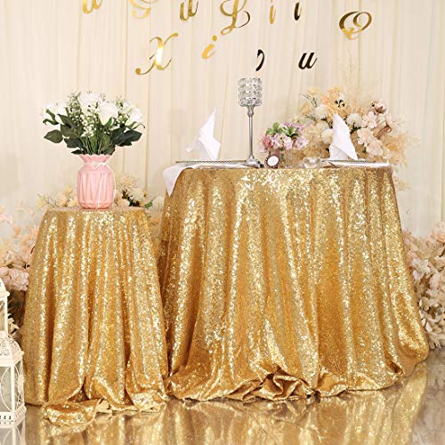 Amber Gold Sequin Round Tablecloth 120 Inch Sparkly Overlay for Weddings & Parties
