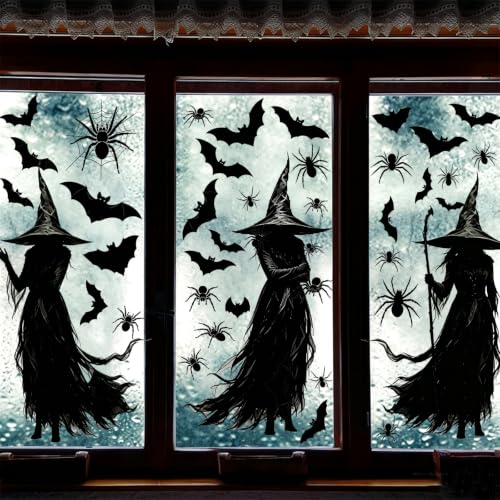 3 Extra Large Halloween Static Window Clings - Black Witch Spider Bat Silhouette Set