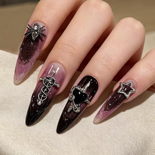 Pink and Black Gothic Stiletto Nails with 3D Cross & Charms - Long Press-On Set (L)