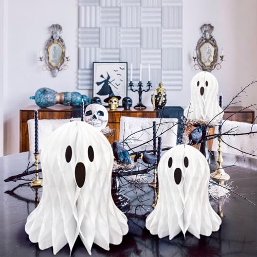 Halloween Ghost Honeycomb Decorations Set - 10 White Paper Spooky Hanging Ornaments