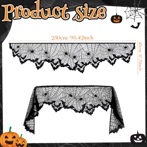 Halloween Cobweb Mantel Scarf Cover with Bat Design - Black 4, 18x96 in