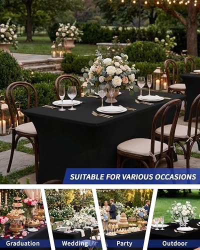 Fixwal 8 Pack 6FT Black Stretch Fitted Tablecloth for 6-Foot Tables - Premium Spandex Cover