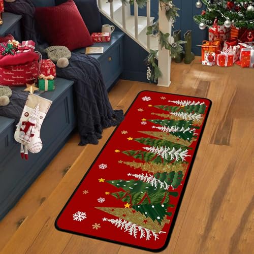 Christmas Tree Kitchen Rug Set - Red Non-Slip Xmas Floor Mats with Variation