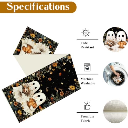 Halloween Ghost Table Runner with Pumpkins - 13x72 Inch Farmhouse Decor, Spooky Fall Table Decor, Two Cute Ghosts Variation