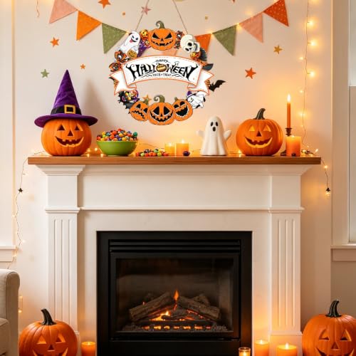 Halloween Wooden Wreath for Front Door - Spooky Decor with Ghosts Bats & Pumpkins