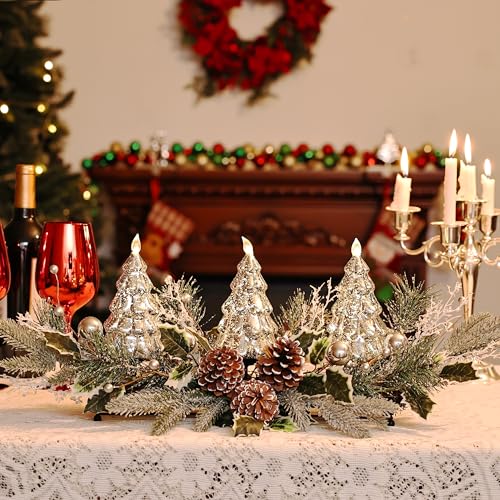 Silver Christmas Tree & Pine Cone Table Centerpiece with LED Lights - Holiday Decor