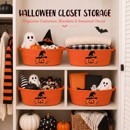 Halloween Pumpkin Basket Set - Woven Cotton Rope Storage Bins with Handle - Orange Witch Hat Design, 12x8x5 Inches - Variation of Pumpkin
