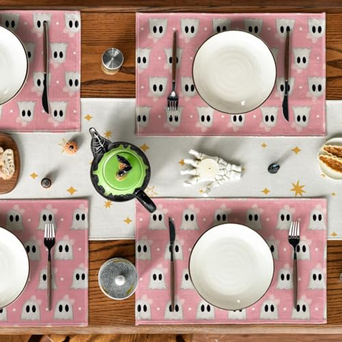 Pink Stripes Ghost Halloween Placemats Set of 4 - 12x18 Inch Rectangular