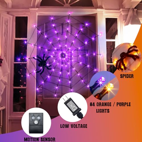 Vanthylit Halloween Spider Web Lights with Motion Sensor & Music - Purple & Orange 4FT 84LED Indoor Outdoor Decor