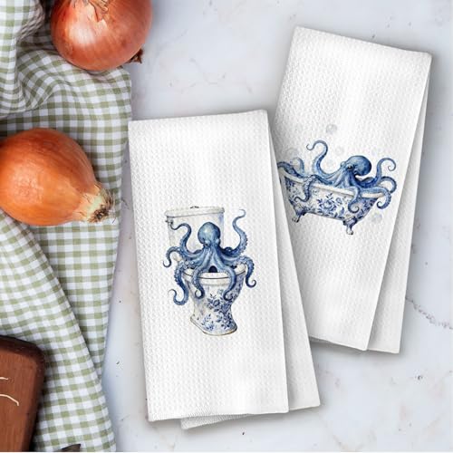 Octopus Bathroom Decor Set - Nautical Waffle Towels for Kitchen & Bath - 16x24 Inches - Variation: Octopus
