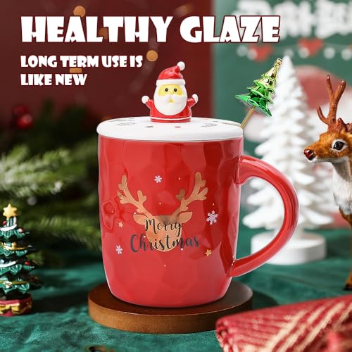 Red Santa Christmas Mug with 3D Lid and Spoon - 14oz Ceramic Holiday Coffee Cup
