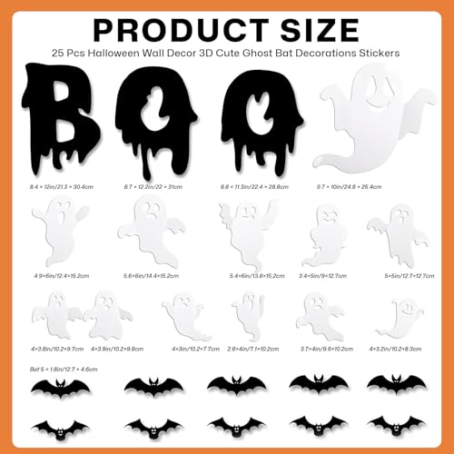 Halloween Ghost Wall Decor Set - 25 Reusable 3D Stickers & Bats - Boo Letters