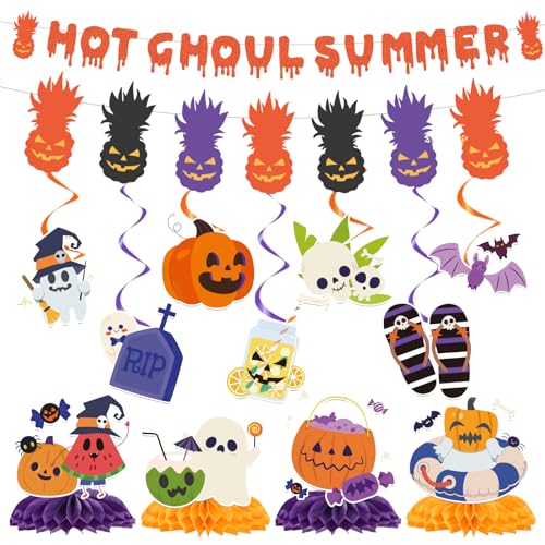 Summer Halloween Party Decorations Set with Banners, Swirls & Honeycomb Centerpieces