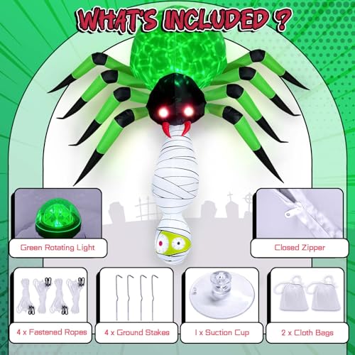 Inflatable Spider with Mummy & Green LED Light - 7FT Halloween Outdoor Decor
