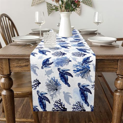 Sea Turtle Table Runner 90x13 Inch Ocean Table Decor - Jejeloiu