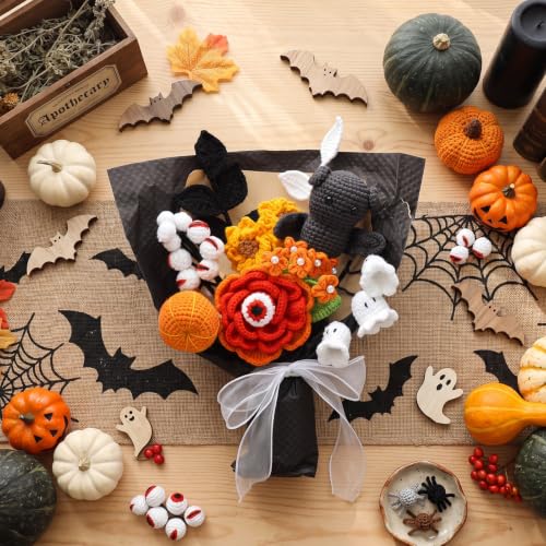 Halloween Crochet Flower Bouquet with Bats Ghost Pumpkin - 14.6 x 11.8 Inches