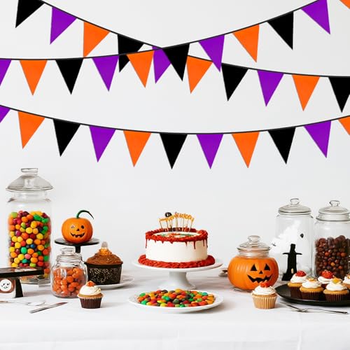 Halloween Pennant Banner - Black, Orange & Purple Fabric Triangle Bunting - 39Ft Indoor Outdoor Party Decor with Variation Black Orange Purple