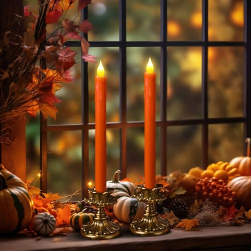 Orange Flameless Taper Candles Set - Real Paraffin Wax Flickering Battery-Operated for Thanksgiving & Fall Decor