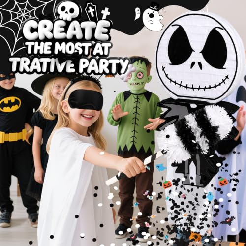 Halloween Skeleton Piñata Set - Spooky Black & White Character with Hitting Stick & Confetti - Goth Party Game Kit