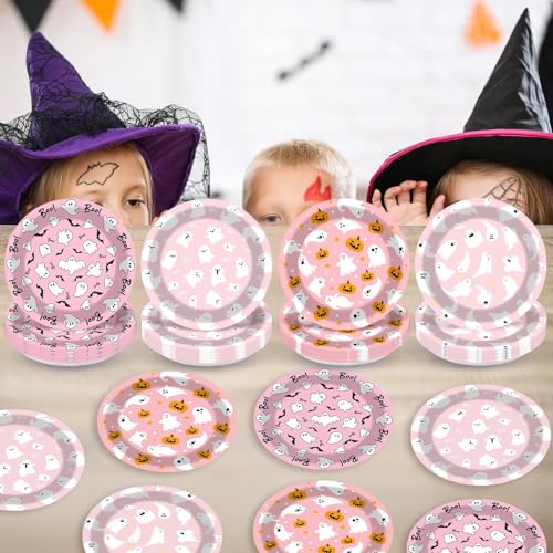 Pink Halloween Ghost Disposable Paper Plates - 48 Pack, Cute Pumpkin Party Tableware