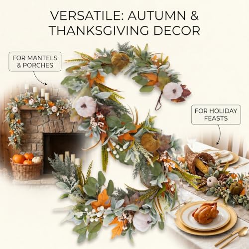 Fall Garland with Velvet Pumpkin Leaves for Mantle & Fireplace Decor
