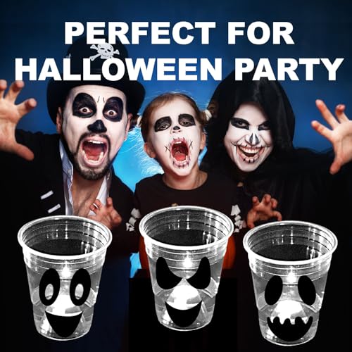 24 Pack Glow Halloween Ghost Cups - 16 oz Spooky Party Supplies - White Ghost Face Design