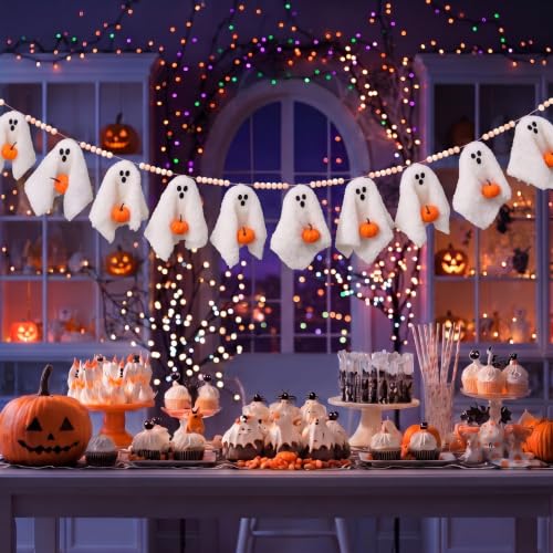 Halloween Ghost Garland - 6.6ft Indoor Mantel & Wall Decor with Wooden Beads