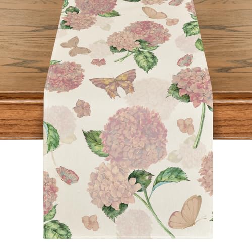 Pink Hydrangea Butterfly Spring Table Runner 13x72 Inch - Seasonal Home Decor