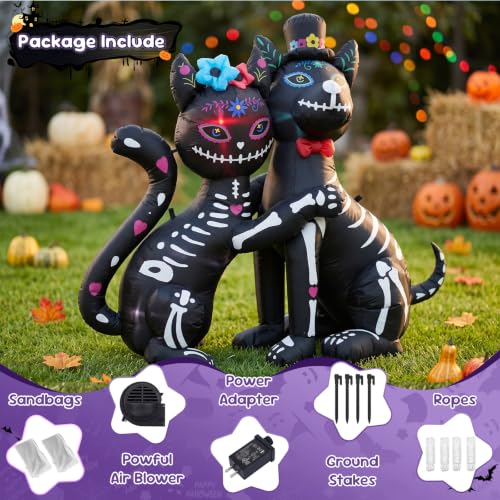 4ft Halloween & Day of the Dead Inflatable with Cat & Dog - Skeleton & Sugar Skull Duo, LED Lights, Weather-Resistant Decoration