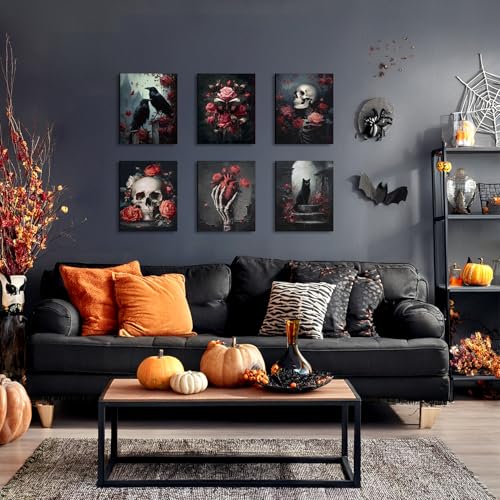 Halloween Skull & Floral Framed Canvas Wall Art Set - 8x10 Inches, Moody Dark Rose Theme, Halloween Home Decor