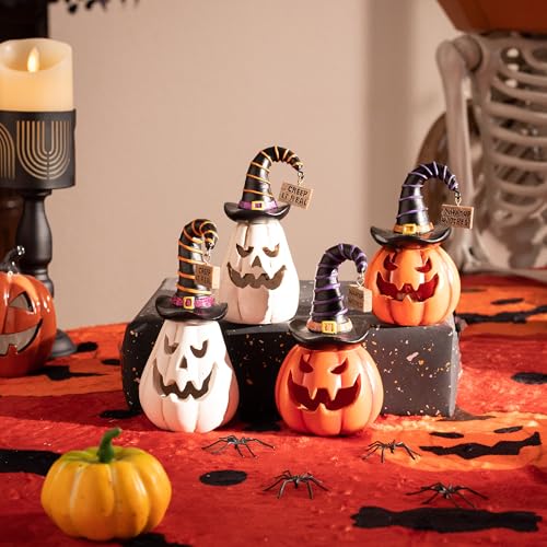 Medium Halloween Pumpkin Decorations Set - Resin Jack O Lantern Figurines with Light, Witch Hat, 5.7 Inches