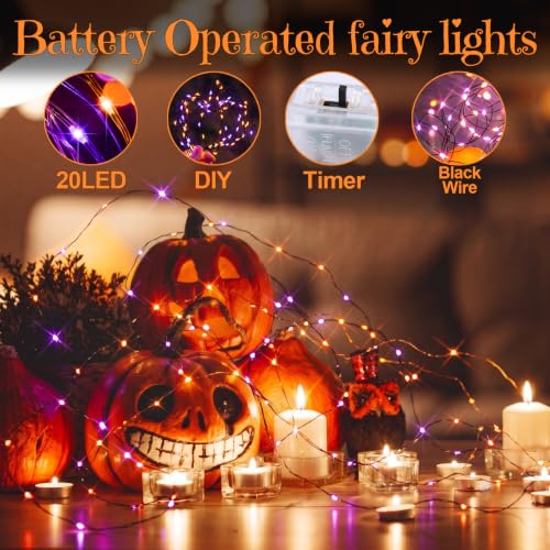 Halloween Fairy Lights with Timer - Battery-operated Mini LED String Lights, Orange & Purple, 6.65Ft, 1 Pack