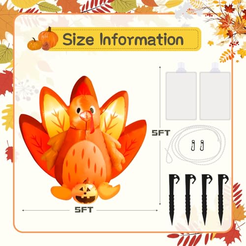 5FT Inflatable Halloween & Thanksgiving Turkey Pumpkin Yard Decor with LED Lights