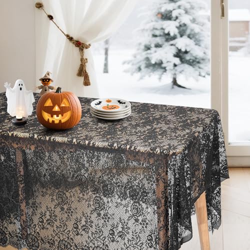 Ziweidue Black Lace Tablecloth 60x120 Inches Vintage Overlay for Weddings & Parties - Black