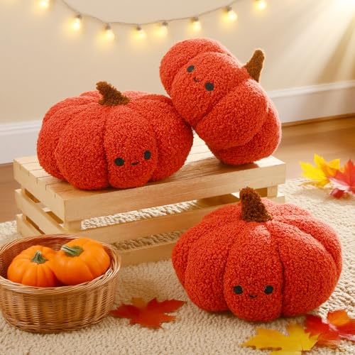 Orange Fall Pumpkin Throw Pillows Set - Plush 3 Pcs Teddy Fleece Decor