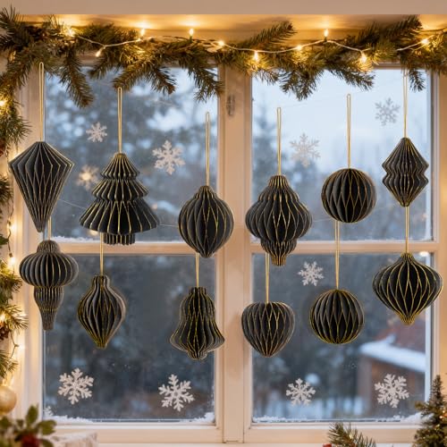 Black Paper Christmas Decorations 12pcs - 3D Honeycomb Lanterns with Glitter - Variation of THIS listing