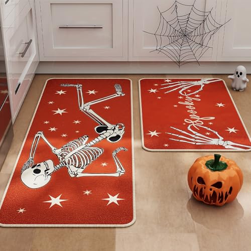 Halloween Kitchen Mat Set of 2 - Spooky Skeleton Design, Orange Variation 17x29 & 17x47 Inches