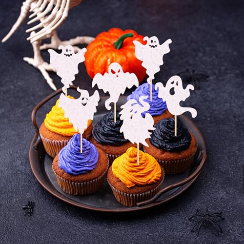 Ercadio White 25 Pack Ghost Cupcake Toppers Glitter Halloween Baby Ghost Decorations