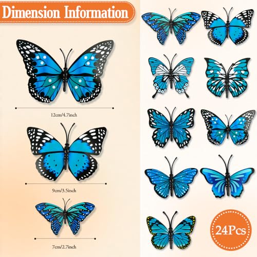 Blue 24 Pcs Monarch Butterfly Wall Decor Set - 3D Artificial Autumn Decorations