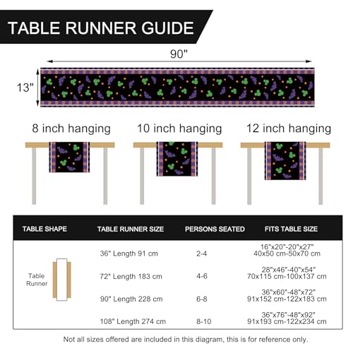 Halloween Bat Table Runner 13x90 Inch with Skull & Polka Dot Design - Black Purple