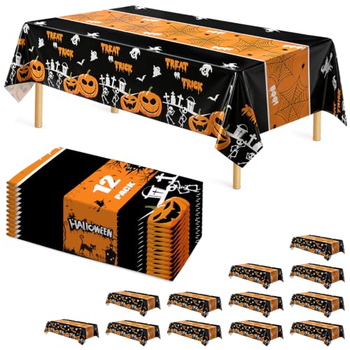Halloween Tablecloth 12 Pack - 54x108 Inch Leakproof Plastic Cover - Pumpkin Ghost Variation