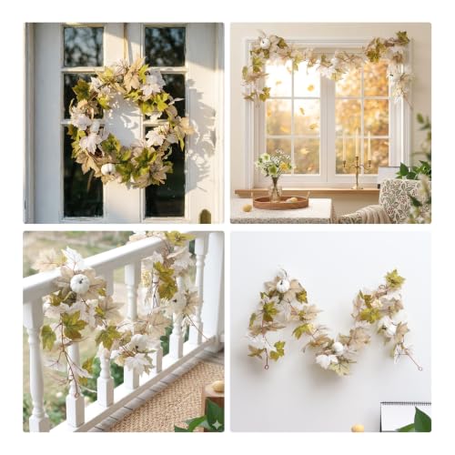 Autumn White Maples Leaf Garland - Fall Decor for Indoor & Outdoor Home, 5.2 Ft, Maple-Whtie Variation
