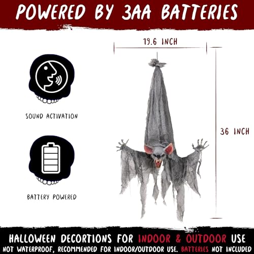 Halloween Animatronics 36in Reaper Bat - Spooky Hanging Animal Prop with Light Up Eyes & Sound