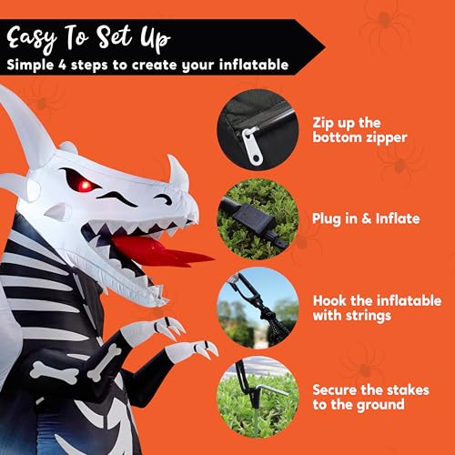 8 Ft Tall Halloween Skeleton Dragon Inflatable Yard Decoration with Red LED Eyes