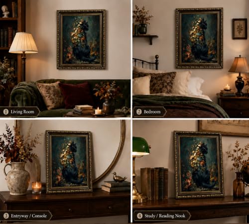 Black Cat Wall Art Canvas - Framed Moody Woodland Decor 16x12 in - Variation of THIS listing