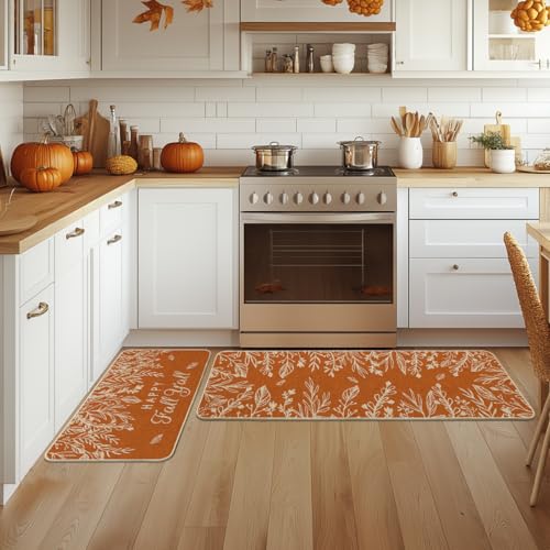Pumpkin Fall Kitchen Mats Set of 2 - Non-Slip Decorative Floor Mats for Kitchen, Entryway