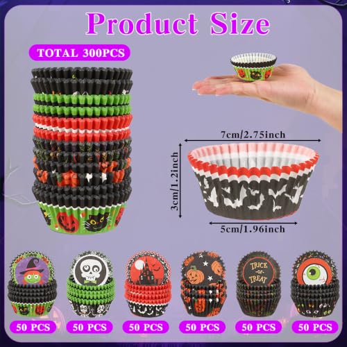 Halloween Cupcake Liners 300 Pack - Pumpkin Skull Spiderweb Designs for Baking & Parties