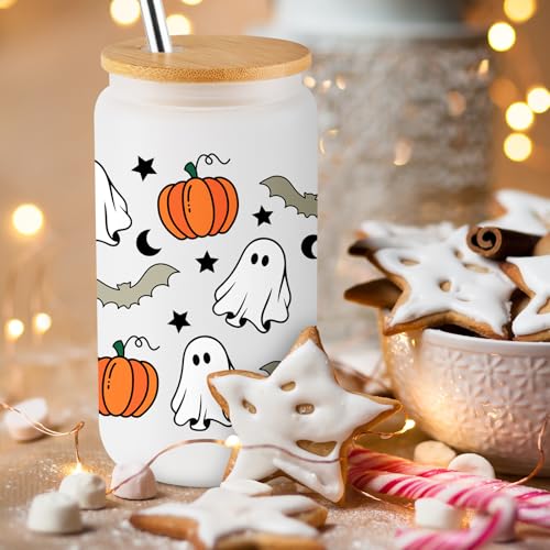 Halloween Pumpkin Ghost 16Oz Iced Coffee Glass Cups with Lids & Straws - Fall Spooky Gift Set